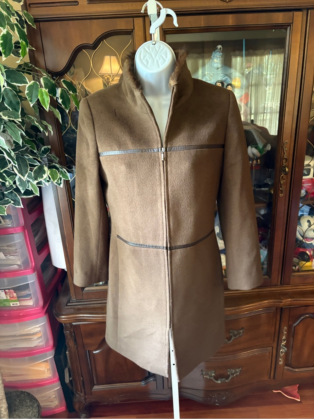 Vintage Wool Cashmere Rabbit Fur Brown Zip Long Jacket Coat Women’s Size Small